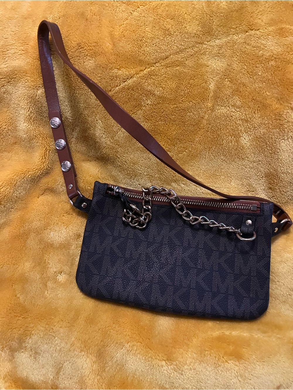 Michael Kors Black Logo Crossbody with Brown Leather Strap and Chain